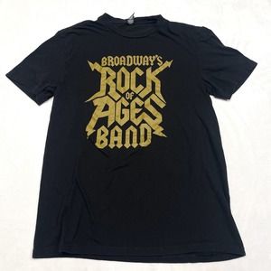 Rock of Ages Shirt Womens Medium Black Gold Spell Out Broadway Casual Ladies